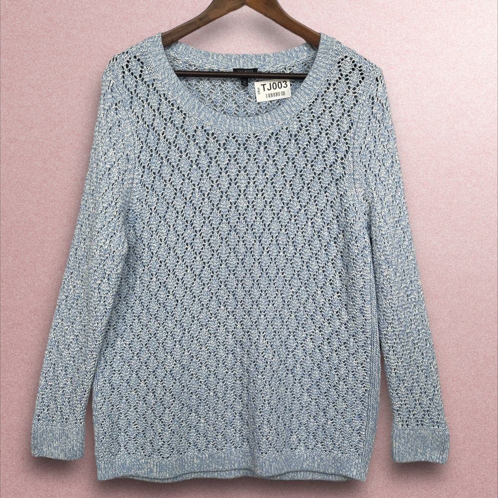 Talbots Sweater Womens 1XP Blue White Pointelle Open Knit Pullover Excellent